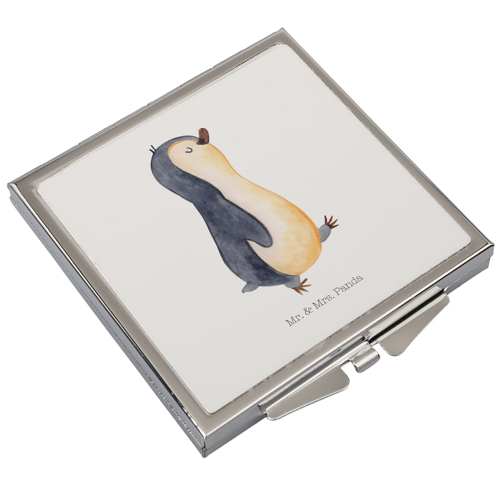 Handtaschenspiegel quadratisch Pinguin marschierend Spiegel, Handtasche, Quadrat, silber, schminken, Schminkspiegel, Pinguin, Pinguine, Frühaufsteher, Langschläfer, Bruder, Schwester, Familie