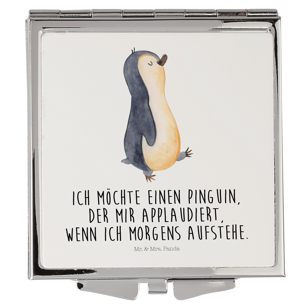 Handtaschenspiegel quadratisch Pinguin marschierend Spiegel, Handtasche, Quadrat, silber, schminken, Schminkspiegel, Pinguin, Pinguine, Frühaufsteher, Langschläfer, Bruder, Schwester, Familie