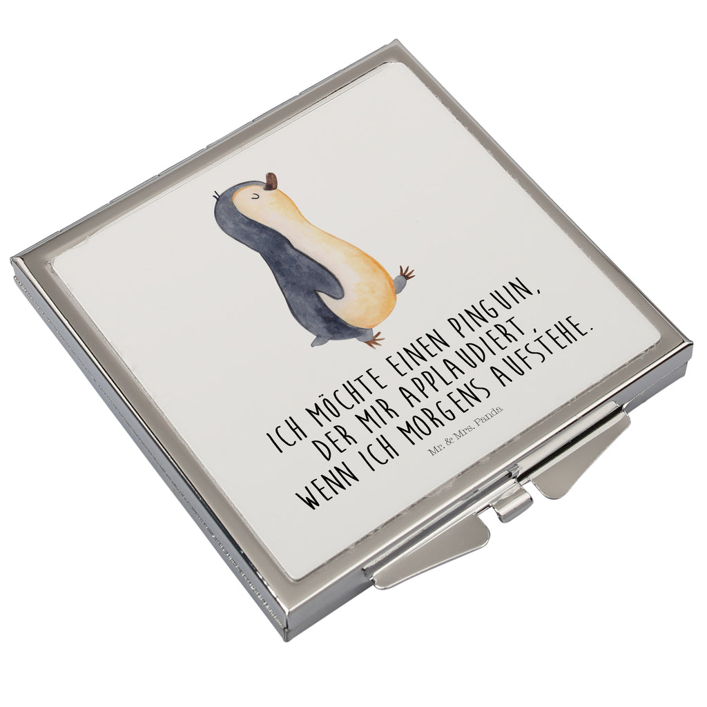 Handtaschenspiegel quadratisch Pinguin marschierend Spiegel, Handtasche, Quadrat, silber, schminken, Schminkspiegel, Pinguin, Pinguine, Frühaufsteher, Langschläfer, Bruder, Schwester, Familie