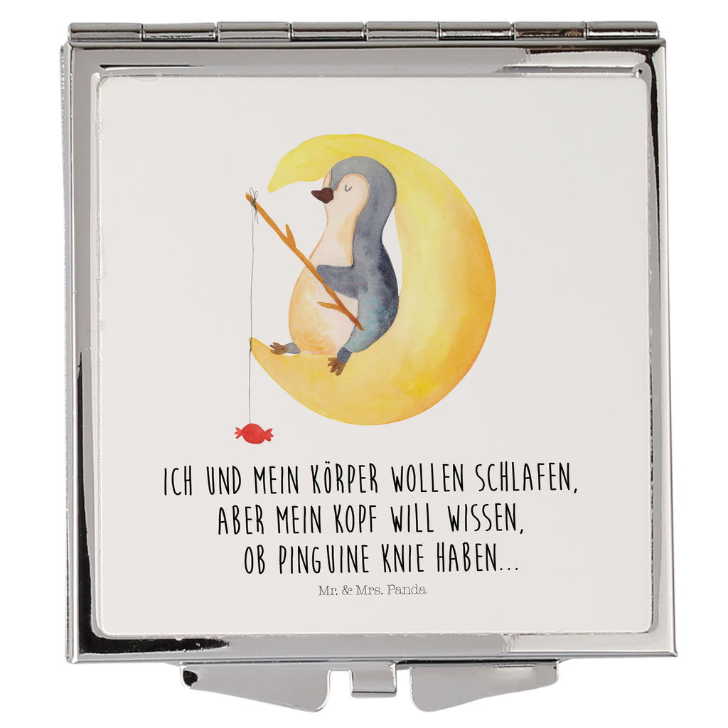 Handtaschenspiegel quadratisch Pinguin Mond Spiegel, Handtasche, Quadrat, silber, schminken, Schminkspiegel, Pinguin, Pinguine, Spruch, schlafen, Nachtruhe, Einschlafen, Schlafzimmer, Schlafstörungen, Gästezimmer