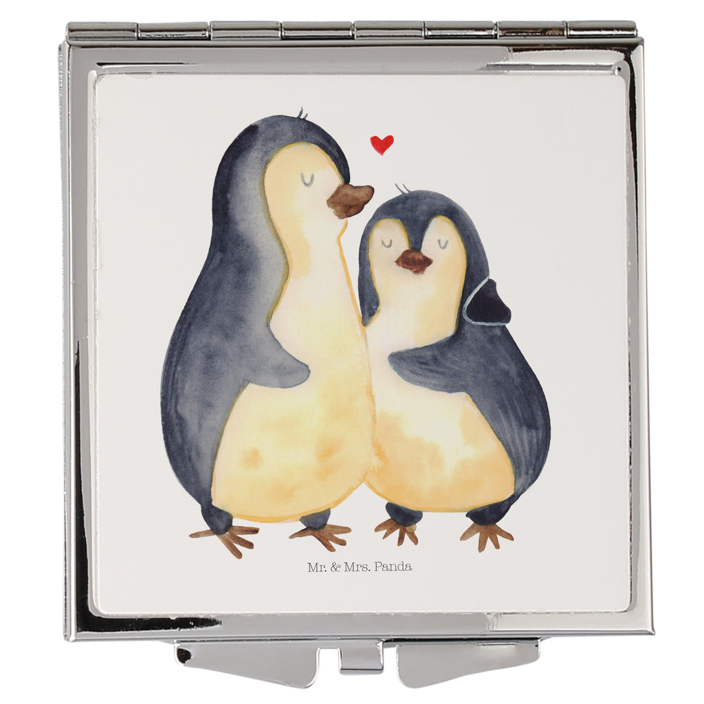 Handtaschenspiegel quadratisch Pinguin umarmend Spiegel, Handtasche, Quadrat, silber, schminken, Schminkspiegel, Pinguin, Liebe, Liebespaar, Liebesbeweis, Liebesgeschenk, Verlobung, Jahrestag, Hochzeitstag, Hochzeit, Hochzeitsgeschenk