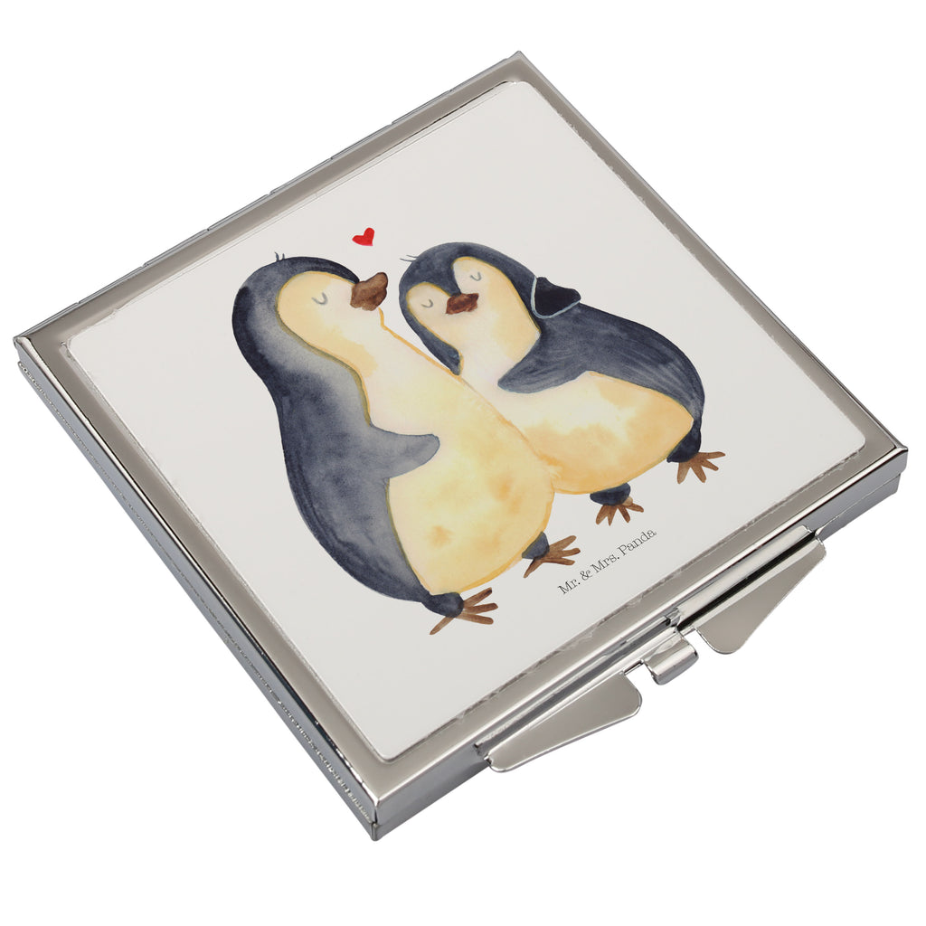 Handtaschenspiegel quadratisch Pinguin umarmend Spiegel, Handtasche, Quadrat, silber, schminken, Schminkspiegel, Pinguin, Liebe, Liebespaar, Liebesbeweis, Liebesgeschenk, Verlobung, Jahrestag, Hochzeitstag, Hochzeit, Hochzeitsgeschenk