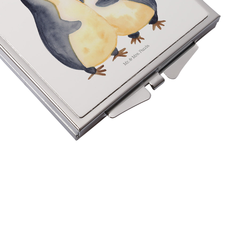 Handtaschenspiegel quadratisch Pinguin umarmend Spiegel, Handtasche, Quadrat, silber, schminken, Schminkspiegel, Pinguin, Liebe, Liebespaar, Liebesbeweis, Liebesgeschenk, Verlobung, Jahrestag, Hochzeitstag, Hochzeit, Hochzeitsgeschenk