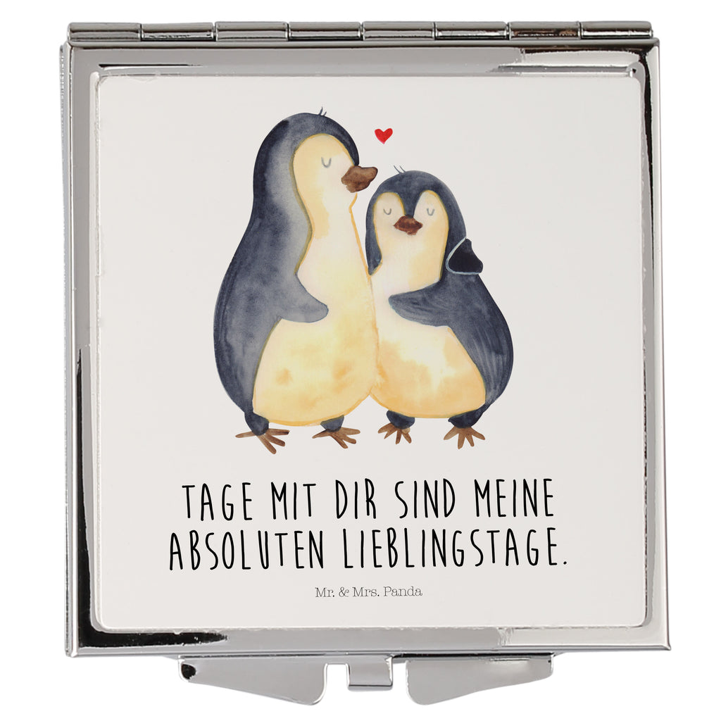 Handtaschenspiegel quadratisch Pinguin umarmend Spiegel, Handtasche, Quadrat, silber, schminken, Schminkspiegel, Pinguin, Liebe, Liebespaar, Liebesbeweis, Liebesgeschenk, Verlobung, Jahrestag, Hochzeitstag, Hochzeit, Hochzeitsgeschenk