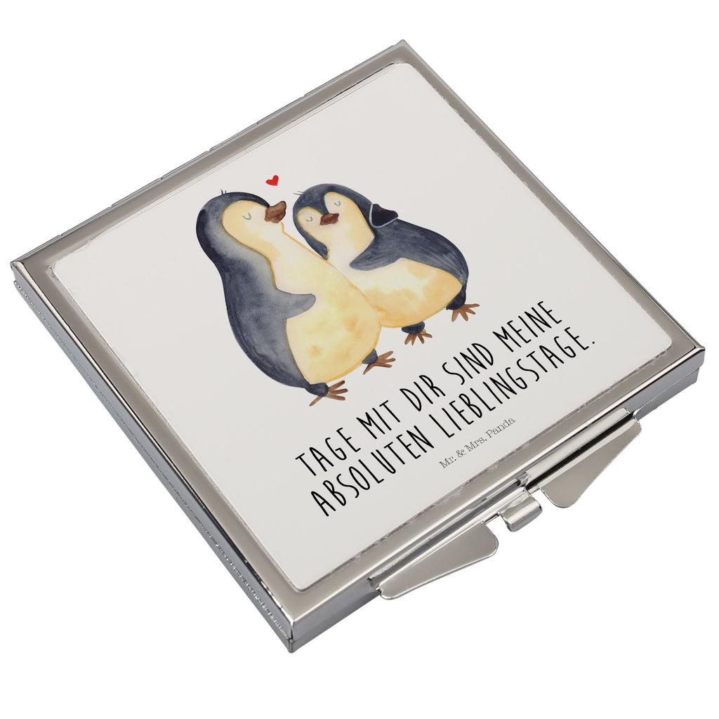 Handtaschenspiegel quadratisch Pinguin umarmend Spiegel, Handtasche, Quadrat, silber, schminken, Schminkspiegel, Pinguin, Liebe, Liebespaar, Liebesbeweis, Liebesgeschenk, Verlobung, Jahrestag, Hochzeitstag, Hochzeit, Hochzeitsgeschenk