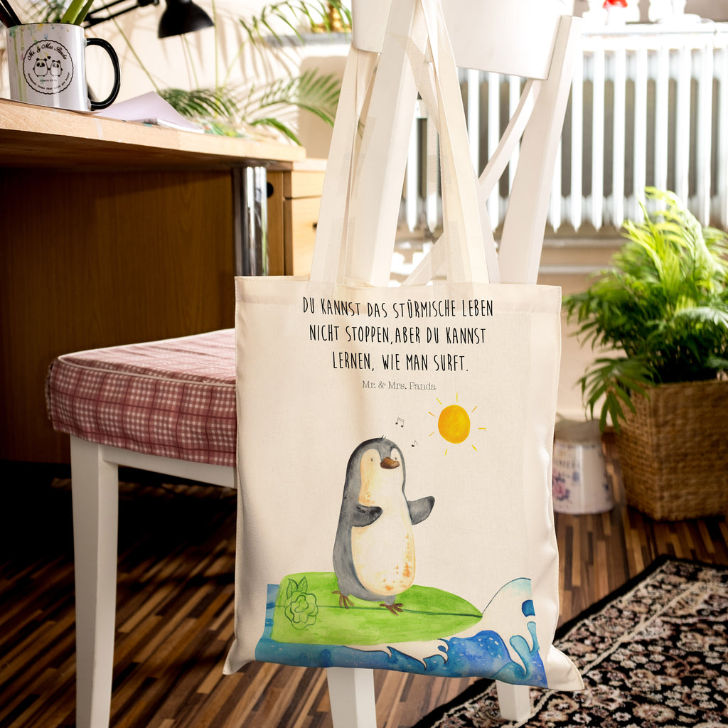 Tragetasche Pinguin Surfer Beuteltasche, Beutel, Einkaufstasche, Jutebeutel, Stoffbeutel, Pinguin, Pinguine, surfen, Surfer, Hawaii, Urlaub, Wellen, Wellen reiten, Portugal