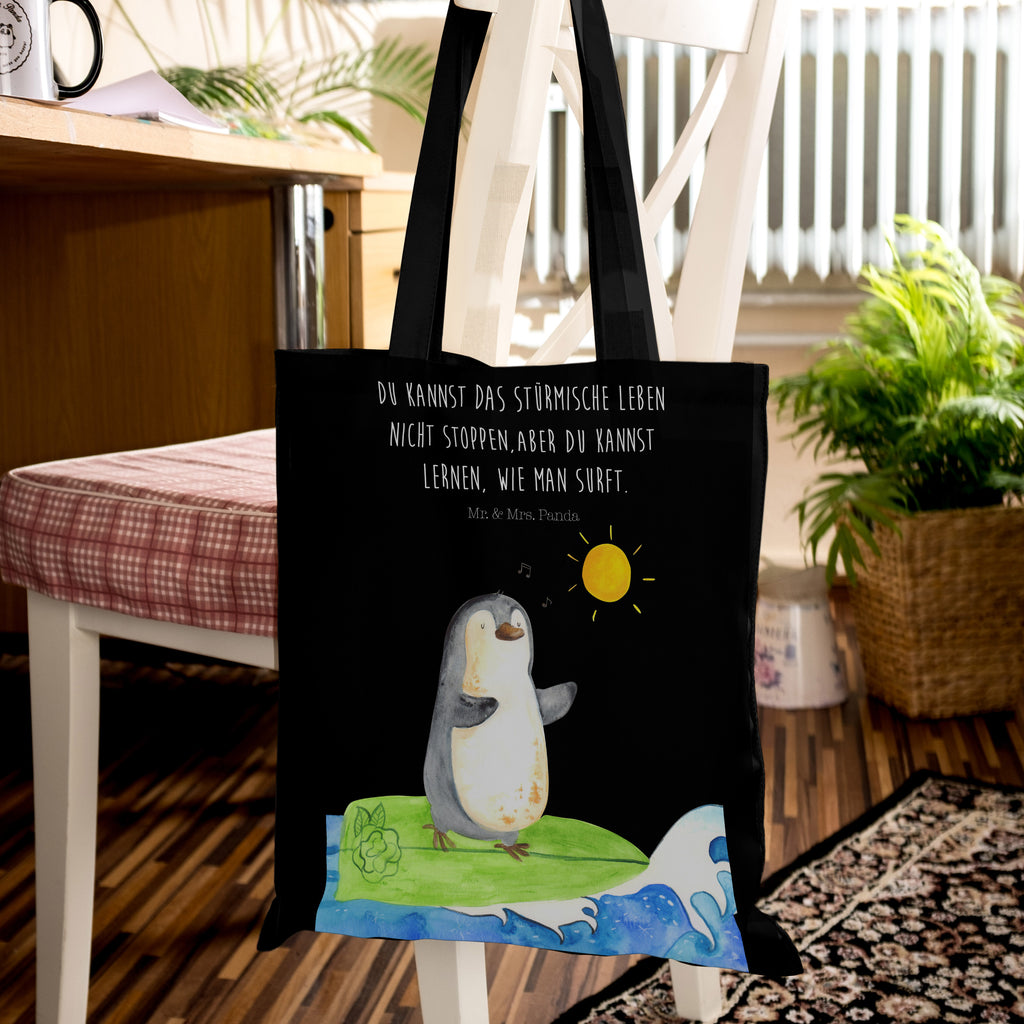 Tragetasche Pinguin Surfer Beuteltasche, Beutel, Einkaufstasche, Jutebeutel, Stoffbeutel, Pinguin, Pinguine, surfen, Surfer, Hawaii, Urlaub, Wellen, Wellen reiten, Portugal