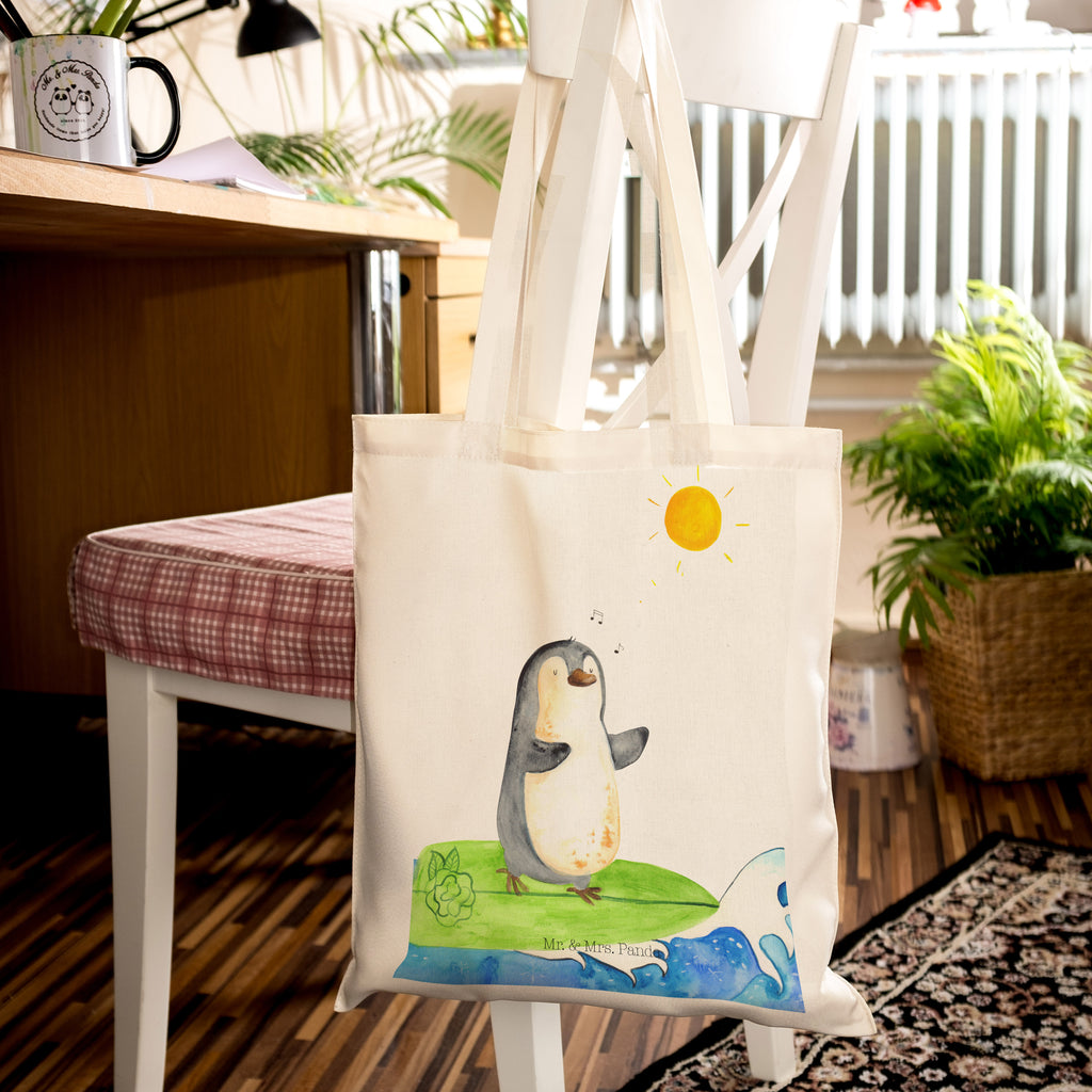 Tragetasche Pinguin Surfer Beuteltasche, Beutel, Einkaufstasche, Jutebeutel, Stoffbeutel, Pinguin, Pinguine, surfen, Surfer, Hawaii, Urlaub, Wellen, Wellen reiten, Portugal