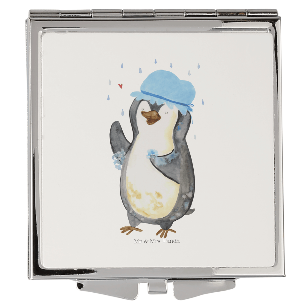 Handtaschenspiegel quadratisch Pinguin duscht Spiegel, Handtasche, Quadrat, silber, schminken, Schminkspiegel, Pinguin, Pinguine, Dusche, duschen, Lebensmotto, Motivation, Neustart, Neuanfang, glücklich sein