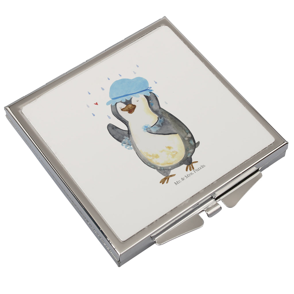 Handtaschenspiegel quadratisch Pinguin duscht Spiegel, Handtasche, Quadrat, silber, schminken, Schminkspiegel, Pinguin, Pinguine, Dusche, duschen, Lebensmotto, Motivation, Neustart, Neuanfang, glücklich sein