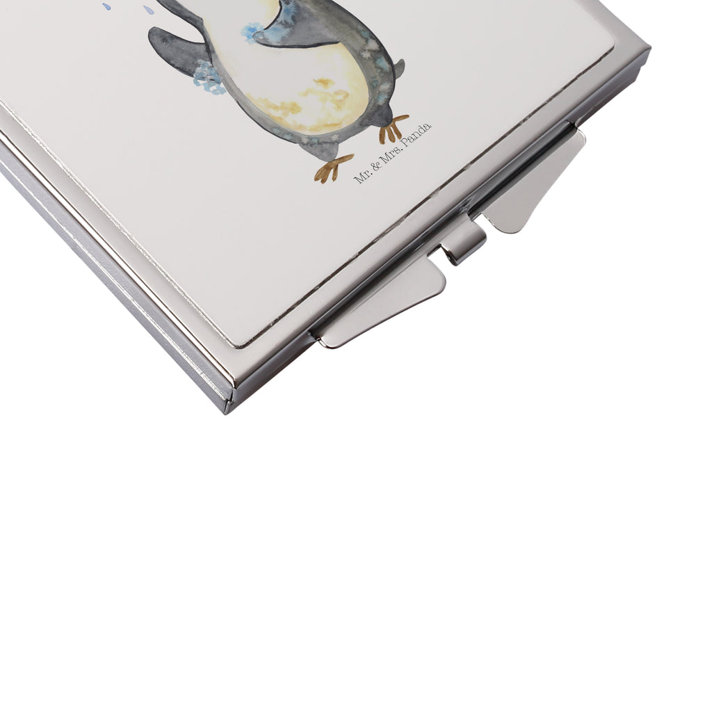 Handtaschenspiegel quadratisch Pinguin duscht Spiegel, Handtasche, Quadrat, silber, schminken, Schminkspiegel, Pinguin, Pinguine, Dusche, duschen, Lebensmotto, Motivation, Neustart, Neuanfang, glücklich sein