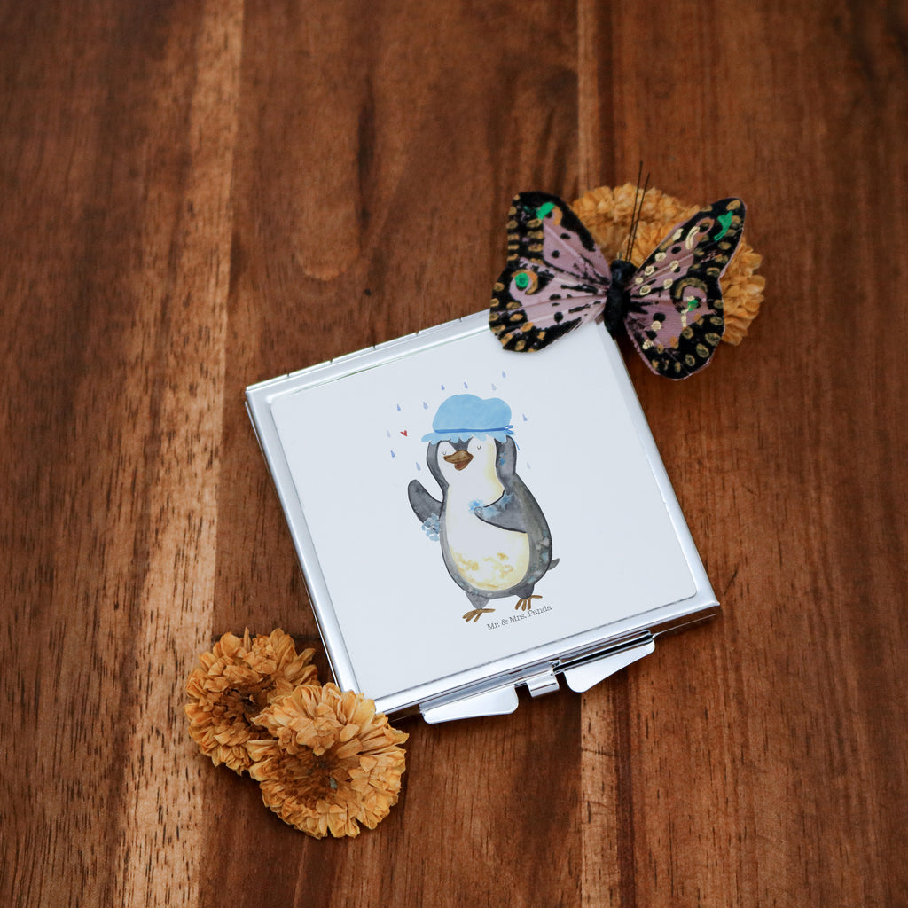 Handtaschenspiegel quadratisch Pinguin duscht Spiegel, Handtasche, Quadrat, silber, schminken, Schminkspiegel, Pinguin, Pinguine, Dusche, duschen, Lebensmotto, Motivation, Neustart, Neuanfang, glücklich sein