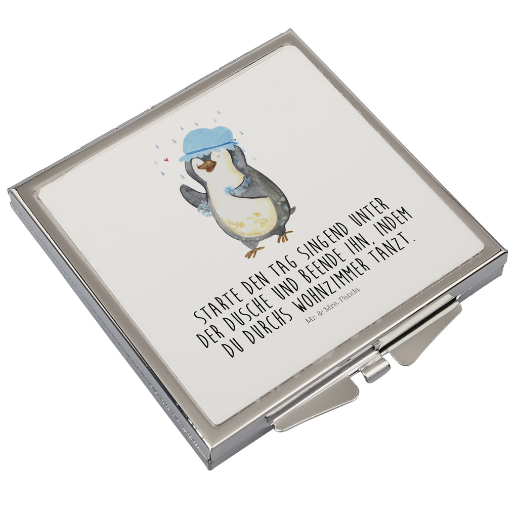 Handtaschenspiegel quadratisch Pinguin duscht Spiegel, Handtasche, Quadrat, silber, schminken, Schminkspiegel, Pinguin, Pinguine, Dusche, duschen, Lebensmotto, Motivation, Neustart, Neuanfang, glücklich sein
