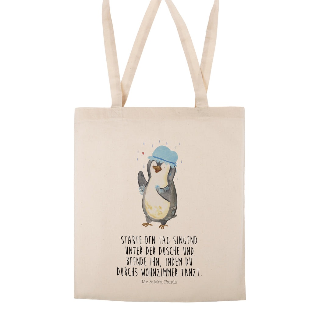 Tragetasche Pinguin duscht Beuteltasche, Beutel, Einkaufstasche, Jutebeutel, Stoffbeutel, Pinguin, Pinguine, Dusche, duschen, Lebensmotto, Motivation, Neustart, Neuanfang, glücklich sein