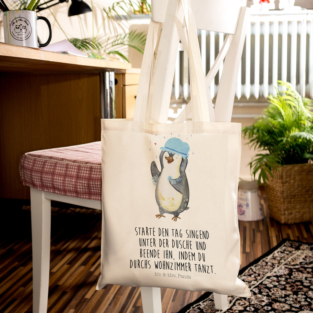 Tragetasche Pinguin duscht Beuteltasche, Beutel, Einkaufstasche, Jutebeutel, Stoffbeutel, Pinguin, Pinguine, Dusche, duschen, Lebensmotto, Motivation, Neustart, Neuanfang, glücklich sein