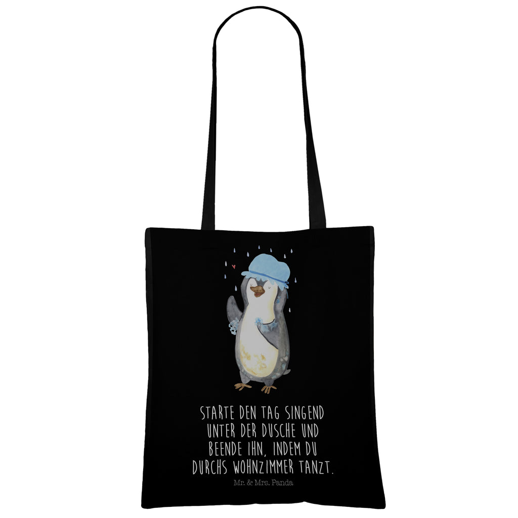 Tragetasche Pinguin duscht Beuteltasche, Beutel, Einkaufstasche, Jutebeutel, Stoffbeutel, Pinguin, Pinguine, Dusche, duschen, Lebensmotto, Motivation, Neustart, Neuanfang, glücklich sein