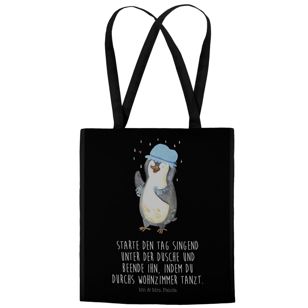 Tragetasche Pinguin duscht Beuteltasche, Beutel, Einkaufstasche, Jutebeutel, Stoffbeutel, Pinguin, Pinguine, Dusche, duschen, Lebensmotto, Motivation, Neustart, Neuanfang, glücklich sein