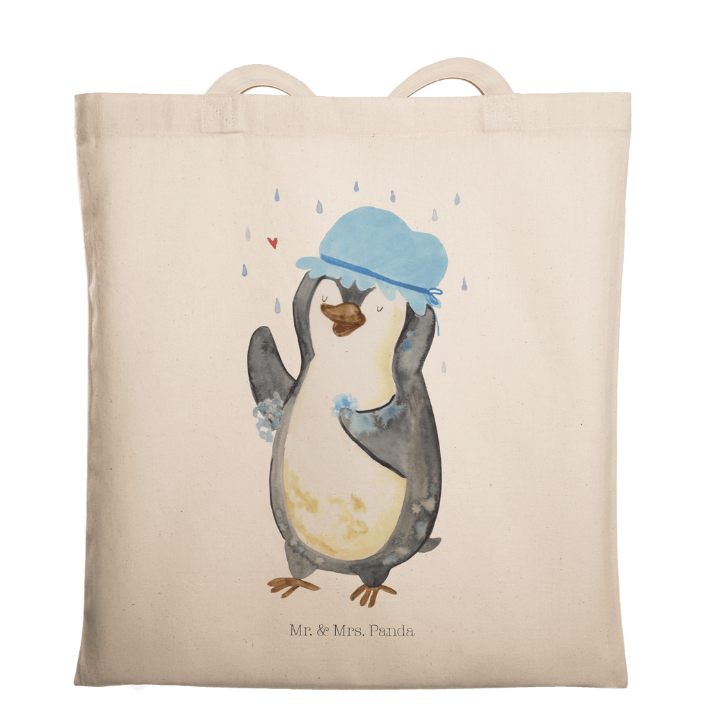 Tragetasche Pinguin duscht Beuteltasche, Beutel, Einkaufstasche, Jutebeutel, Stoffbeutel, Pinguin, Pinguine, Dusche, duschen, Lebensmotto, Motivation, Neustart, Neuanfang, glücklich sein