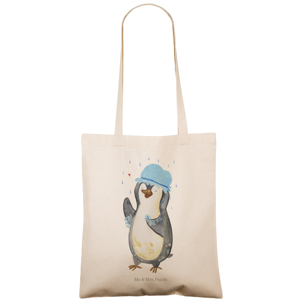 Tragetasche Pinguin duscht Beuteltasche, Beutel, Einkaufstasche, Jutebeutel, Stoffbeutel, Pinguin, Pinguine, Dusche, duschen, Lebensmotto, Motivation, Neustart, Neuanfang, glücklich sein