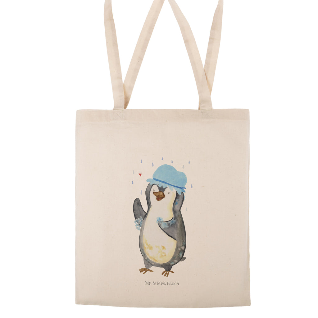 Tragetasche Pinguin duscht Beuteltasche, Beutel, Einkaufstasche, Jutebeutel, Stoffbeutel, Pinguin, Pinguine, Dusche, duschen, Lebensmotto, Motivation, Neustart, Neuanfang, glücklich sein