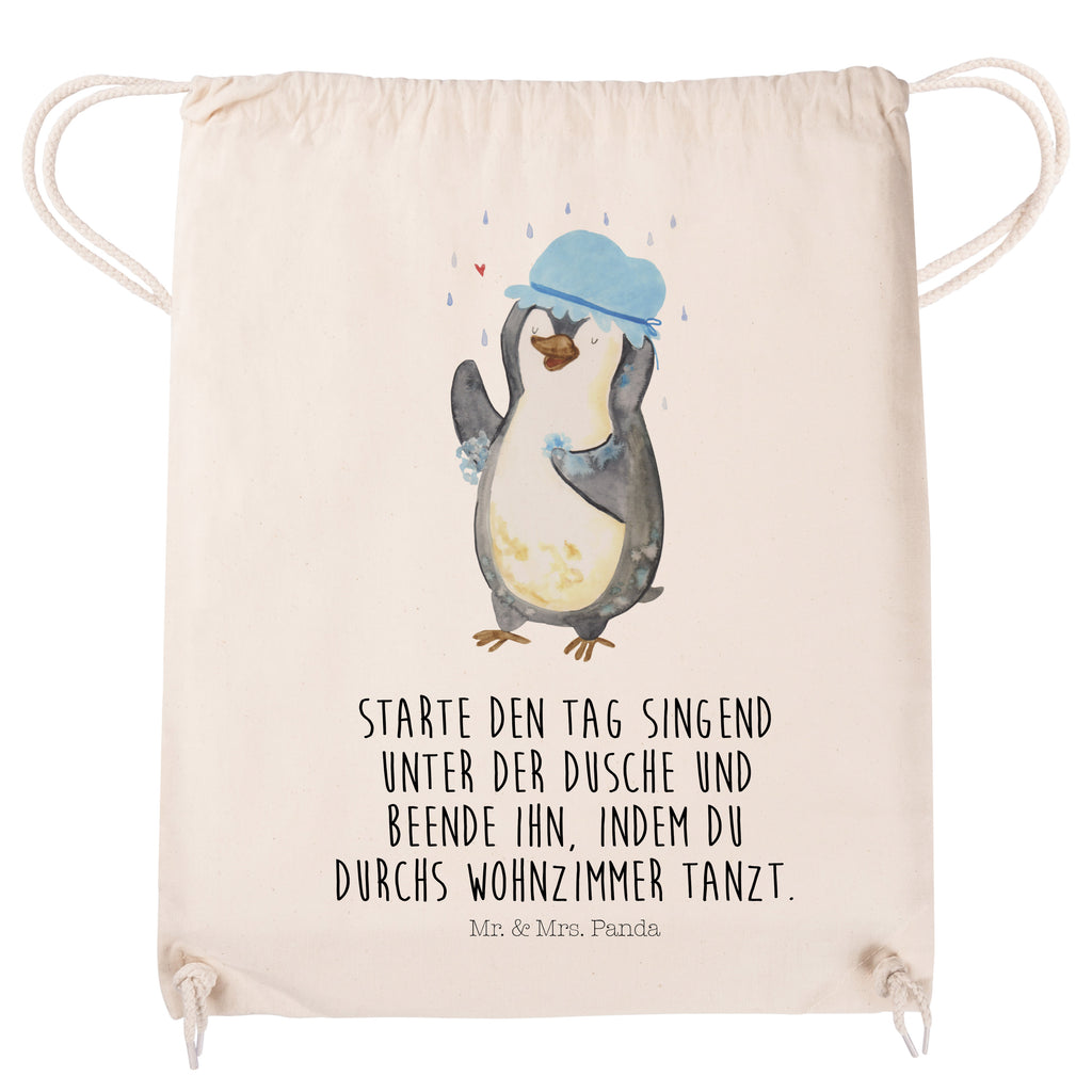 Sportbeutel Pinguin duscht Turnbeutel, Beutel, Sporttasche, Tasche, Stoffbeutel, Pinguin, Pinguine, Dusche, duschen, Lebensmotto, Motivation, Neustart, Neuanfang, glücklich sein