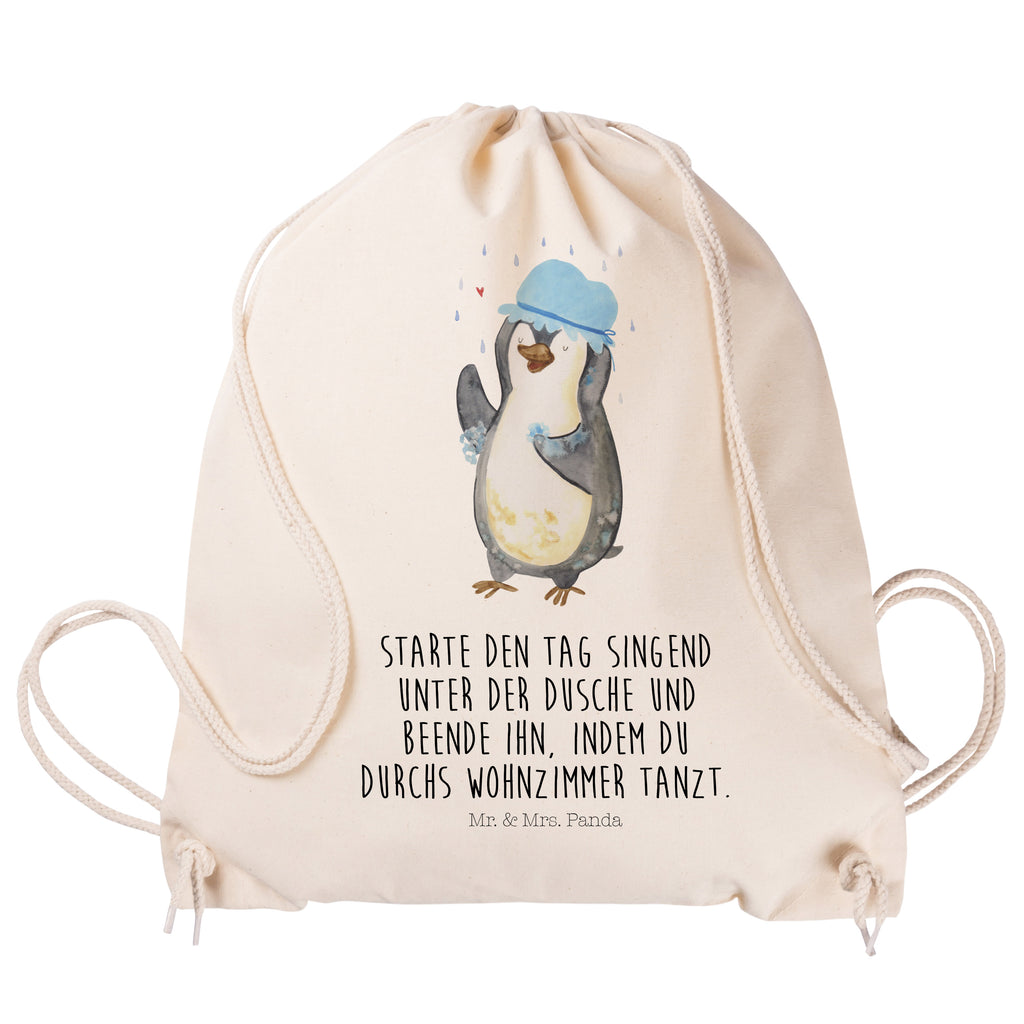 Sportbeutel Pinguin duscht Turnbeutel, Beutel, Sporttasche, Tasche, Stoffbeutel, Pinguin, Pinguine, Dusche, duschen, Lebensmotto, Motivation, Neustart, Neuanfang, glücklich sein