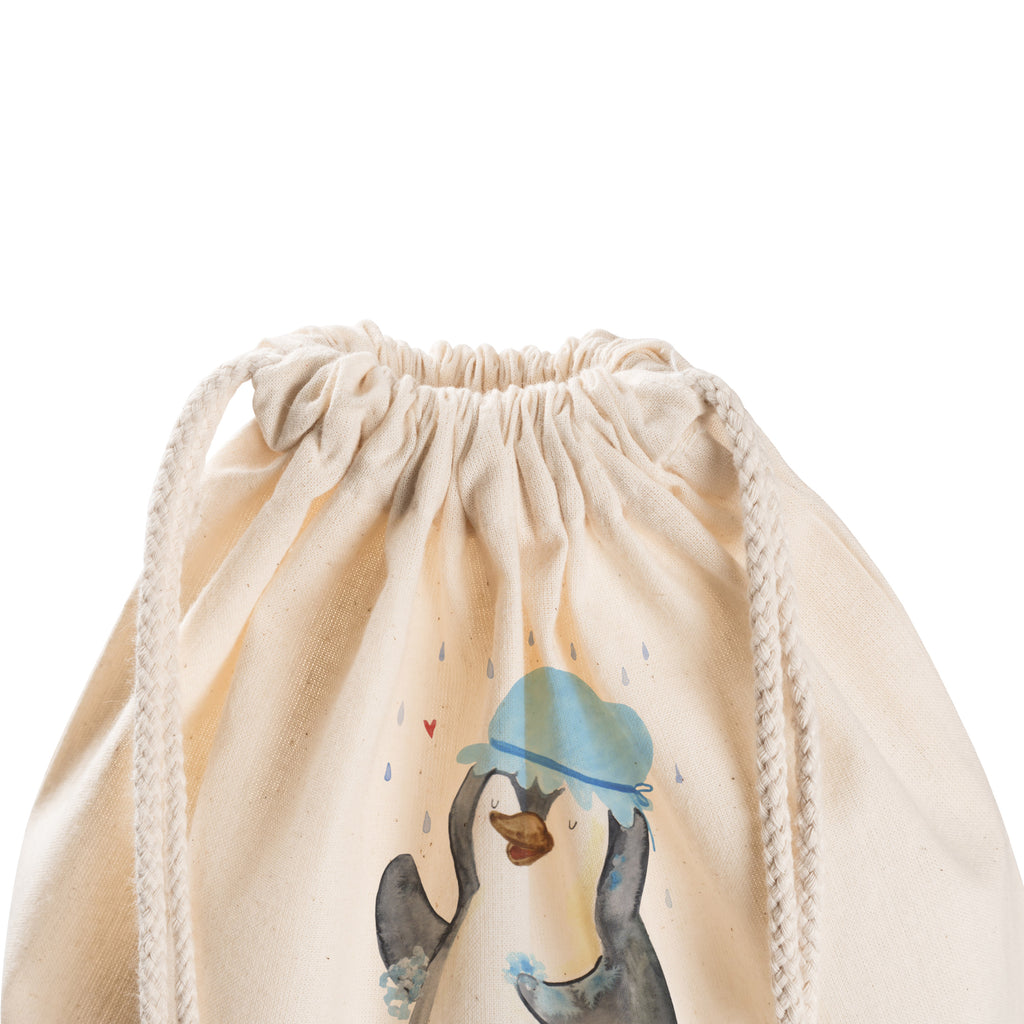 Sportbeutel Pinguin duscht Turnbeutel, Beutel, Sporttasche, Tasche, Stoffbeutel, Pinguin, Pinguine, Dusche, duschen, Lebensmotto, Motivation, Neustart, Neuanfang, glücklich sein