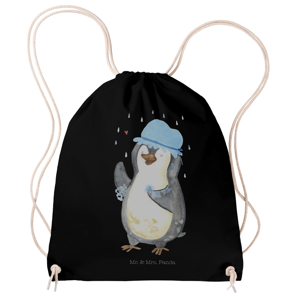 Sportbeutel Pinguin duscht Turnbeutel, Beutel, Sporttasche, Tasche, Stoffbeutel, Pinguin, Pinguine, Dusche, duschen, Lebensmotto, Motivation, Neustart, Neuanfang, glücklich sein