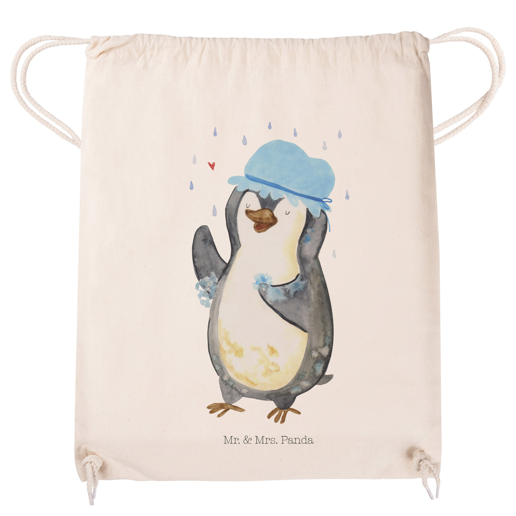 Sportbeutel Pinguin duscht Turnbeutel, Beutel, Sporttasche, Tasche, Stoffbeutel, Pinguin, Pinguine, Dusche, duschen, Lebensmotto, Motivation, Neustart, Neuanfang, glücklich sein