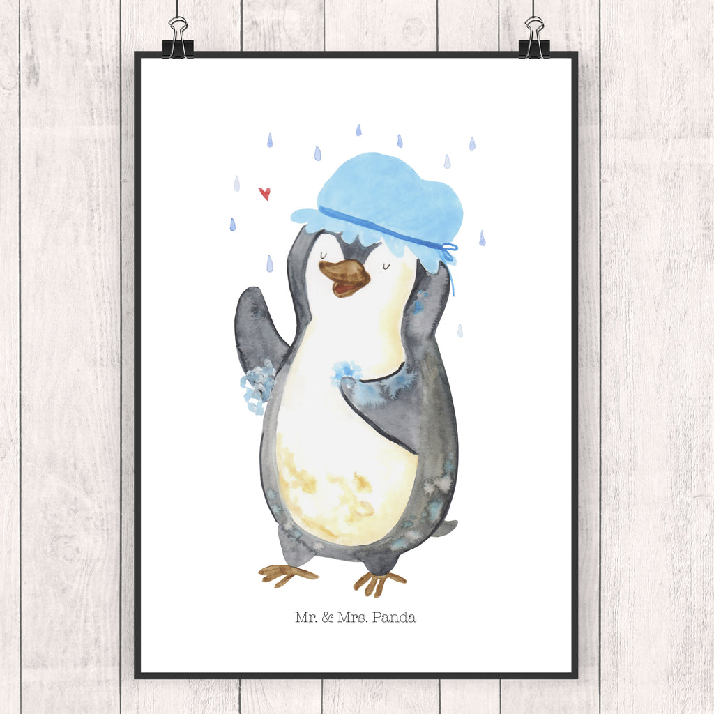 Poster Pinguin duscht Poster, Wandposter, Bild, Wanddeko, Küchenposter, Kinderposter, Wanddeko Bild, Raumdekoration, Wanddekoration, Handgemaltes Poster, Mr. & Mrs. Panda Poster, Designposter, Kunstdruck, Posterdruck, Pinguin, Pinguine, Dusche, duschen, Lebensmotto, Motivation, Neustart, Neuanfang, glücklich sein