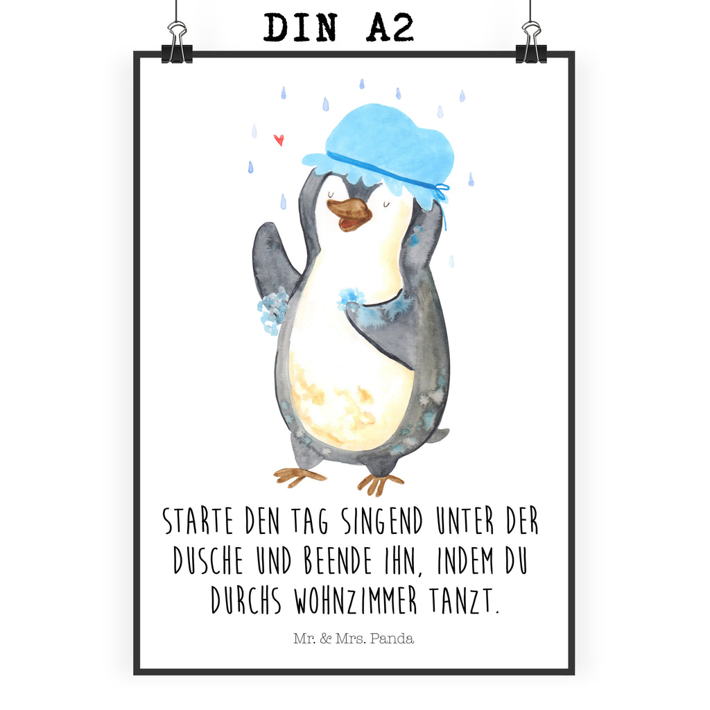 Poster Pinguin duscht Poster, Wandposter, Bild, Wanddeko, Küchenposter, Kinderposter, Wanddeko Bild, Raumdekoration, Wanddekoration, Handgemaltes Poster, Mr. & Mrs. Panda Poster, Designposter, Kunstdruck, Posterdruck, Pinguin, Pinguine, Dusche, duschen, Lebensmotto, Motivation, Neustart, Neuanfang, glücklich sein