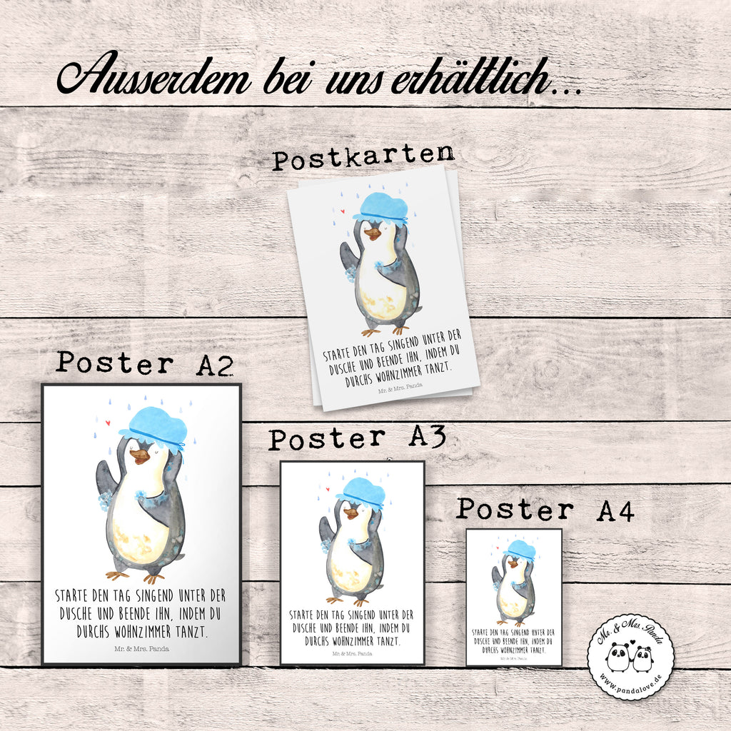 Poster Pinguin duscht Poster, Wandposter, Bild, Wanddeko, Küchenposter, Kinderposter, Wanddeko Bild, Raumdekoration, Wanddekoration, Handgemaltes Poster, Mr. & Mrs. Panda Poster, Designposter, Kunstdruck, Posterdruck, Pinguin, Pinguine, Dusche, duschen, Lebensmotto, Motivation, Neustart, Neuanfang, glücklich sein