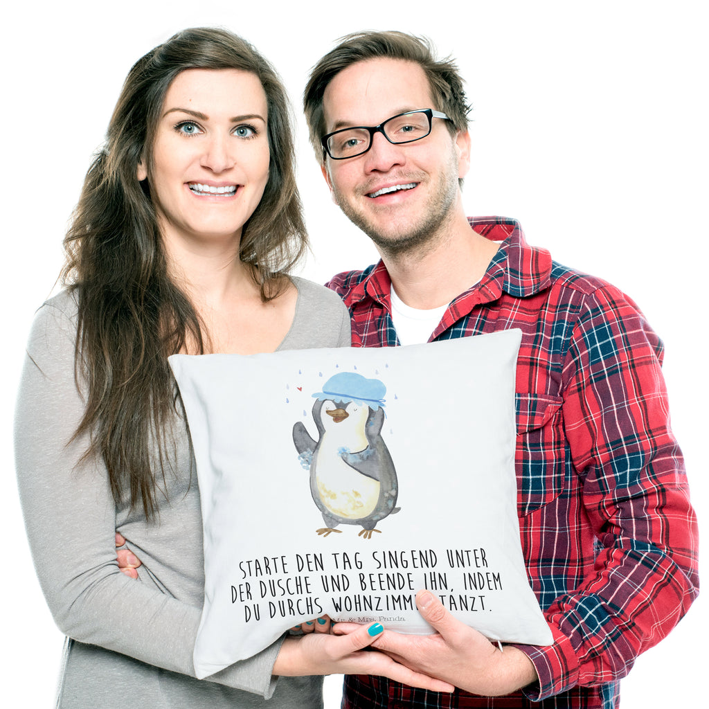 40x40 Kissen Pinguin duscht Kissenhülle, Kopfkissen, Sofakissen, Dekokissen, Motivkissen, Pinguin, Pinguine, Dusche, duschen, Lebensmotto, Motivation, Neustart, Neuanfang, glücklich sein
