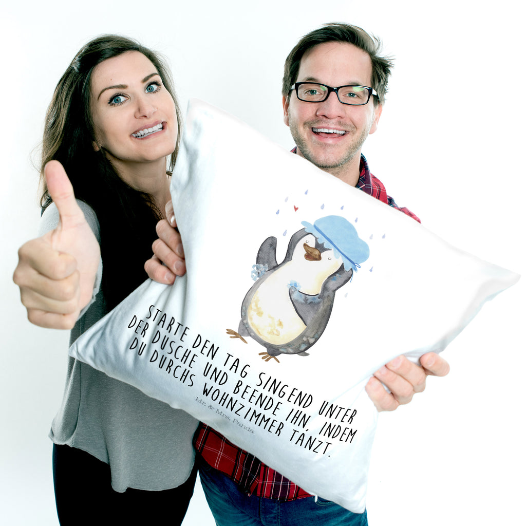 40x40 Kissen Pinguin duscht Kissenhülle, Kopfkissen, Sofakissen, Dekokissen, Motivkissen, Pinguin, Pinguine, Dusche, duschen, Lebensmotto, Motivation, Neustart, Neuanfang, glücklich sein