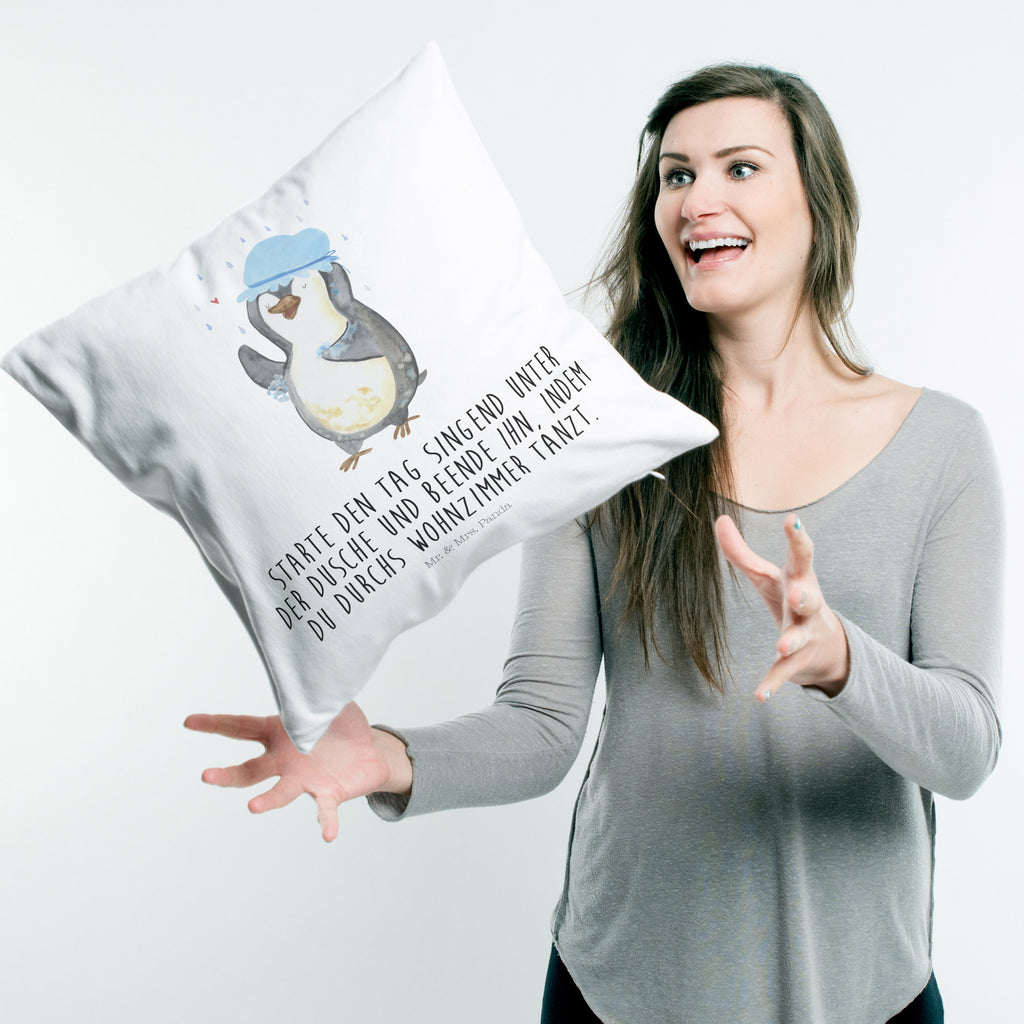 40x40 Kissen Pinguin duscht Kissenhülle, Kopfkissen, Sofakissen, Dekokissen, Motivkissen, Pinguin, Pinguine, Dusche, duschen, Lebensmotto, Motivation, Neustart, Neuanfang, glücklich sein