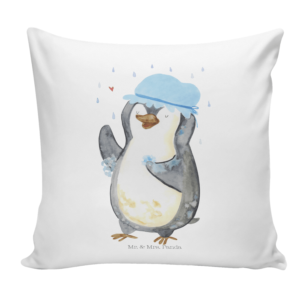 40x40 Kissen Pinguin duscht Kissenhülle, Kopfkissen, Sofakissen, Dekokissen, Motivkissen, Pinguin, Pinguine, Dusche, duschen, Lebensmotto, Motivation, Neustart, Neuanfang, glücklich sein