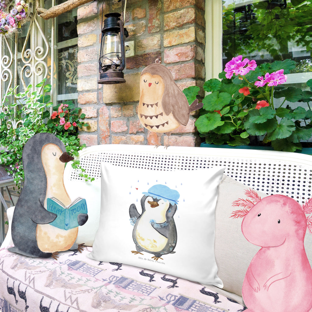 40x40 Kissen Pinguin duscht Kissenhülle, Kopfkissen, Sofakissen, Dekokissen, Motivkissen, Pinguin, Pinguine, Dusche, duschen, Lebensmotto, Motivation, Neustart, Neuanfang, glücklich sein