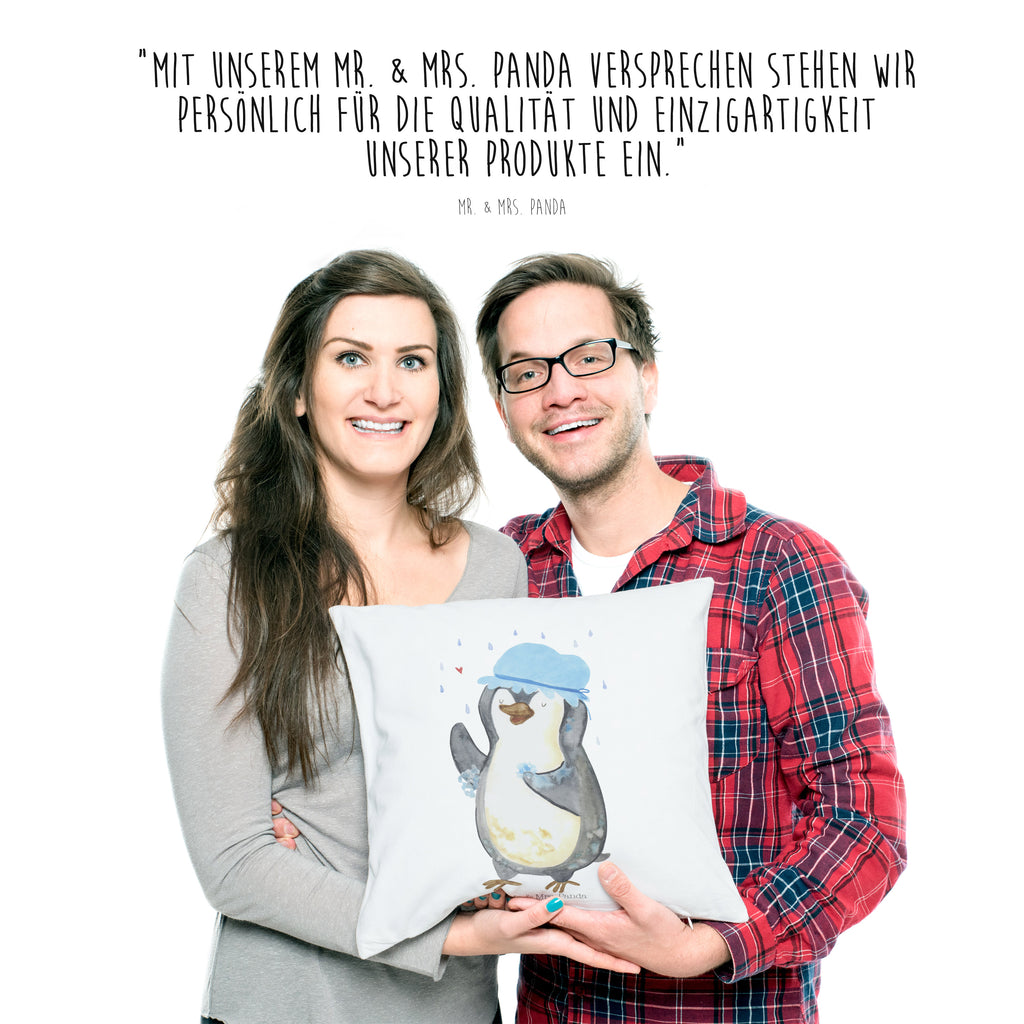 40x40 Kissen Pinguin duscht Kissenhülle, Kopfkissen, Sofakissen, Dekokissen, Motivkissen, Pinguin, Pinguine, Dusche, duschen, Lebensmotto, Motivation, Neustart, Neuanfang, glücklich sein