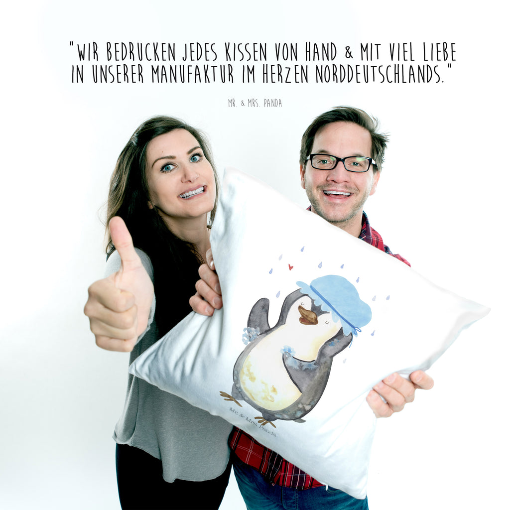 40x40 Kissen Pinguin duscht Kissenhülle, Kopfkissen, Sofakissen, Dekokissen, Motivkissen, Pinguin, Pinguine, Dusche, duschen, Lebensmotto, Motivation, Neustart, Neuanfang, glücklich sein