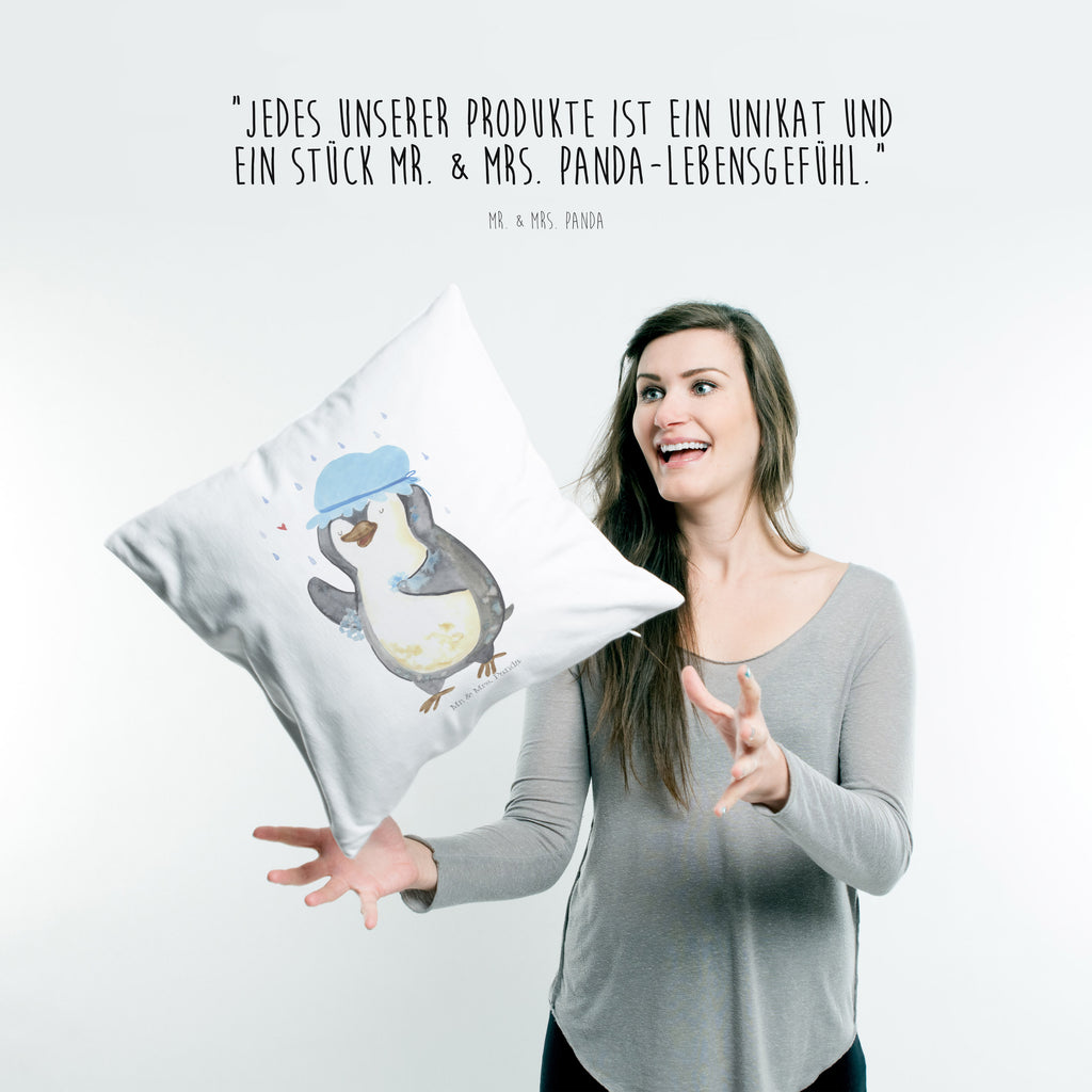 40x40 Kissen Pinguin duscht Kissenhülle, Kopfkissen, Sofakissen, Dekokissen, Motivkissen, Pinguin, Pinguine, Dusche, duschen, Lebensmotto, Motivation, Neustart, Neuanfang, glücklich sein