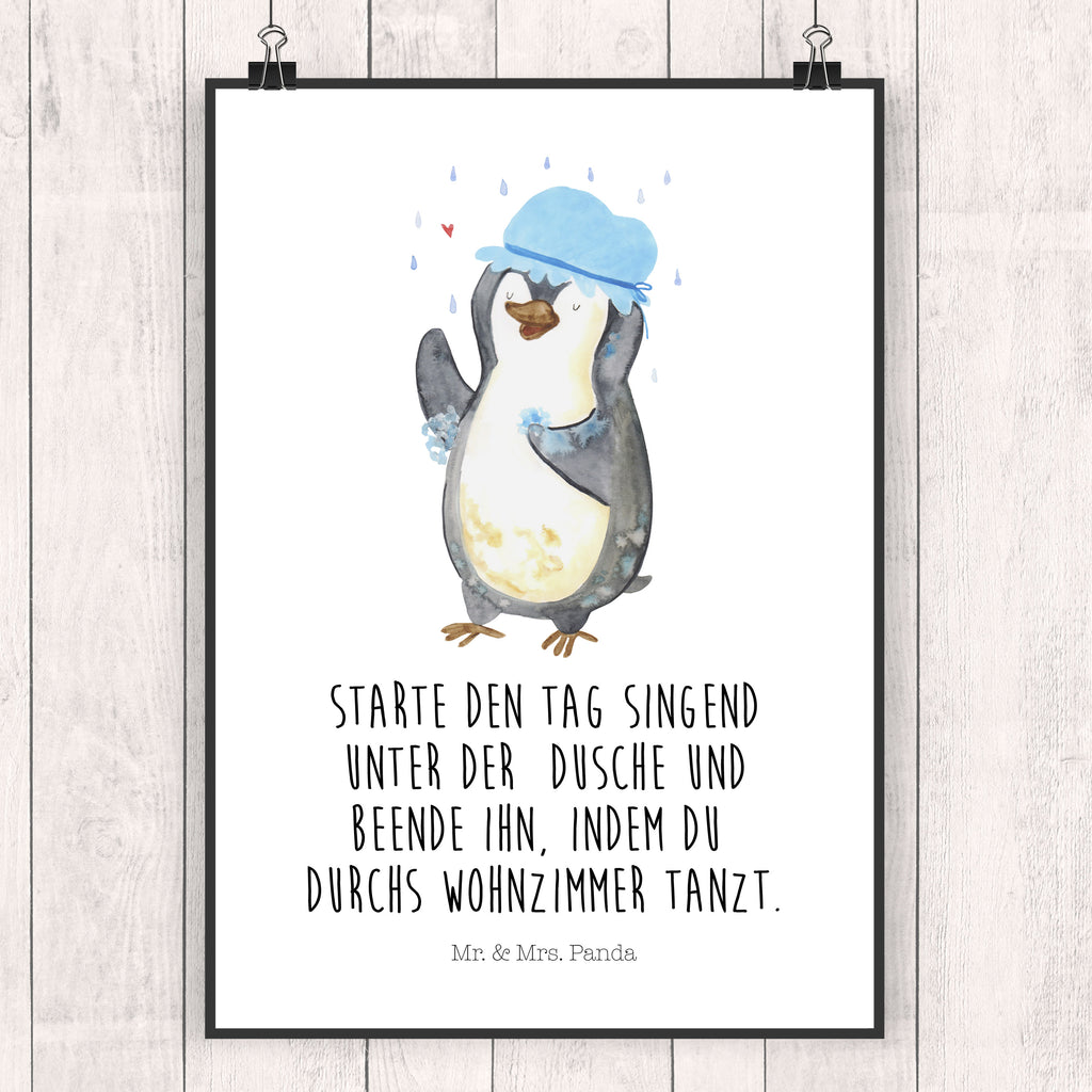 Poster Pinguin duscht Poster, Wandposter, Bild, Wanddeko, Küchenposter, Kinderposter, Wanddeko Bild, Raumdekoration, Wanddekoration, Handgemaltes Poster, Mr. & Mrs. Panda Poster, Designposter, Kunstdruck, Posterdruck, Pinguin, Pinguine, Dusche, duschen, Lebensmotto, Motivation, Neustart, Neuanfang, glücklich sein