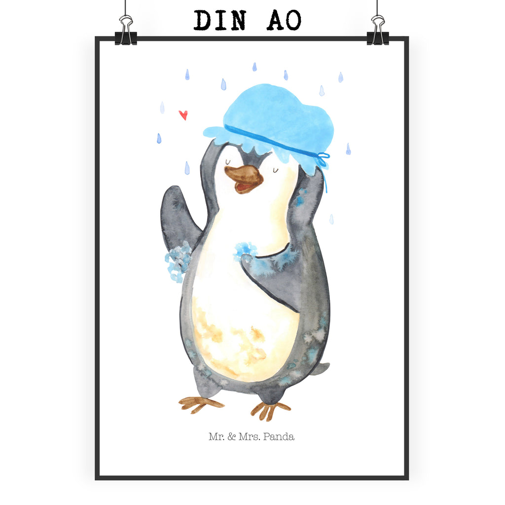 Poster Pinguin duscht Poster, Wandposter, Bild, Wanddeko, Küchenposter, Kinderposter, Wanddeko Bild, Raumdekoration, Wanddekoration, Handgemaltes Poster, Mr. & Mrs. Panda Poster, Designposter, Kunstdruck, Posterdruck, Pinguin, Pinguine, Dusche, duschen, Lebensmotto, Motivation, Neustart, Neuanfang, glücklich sein