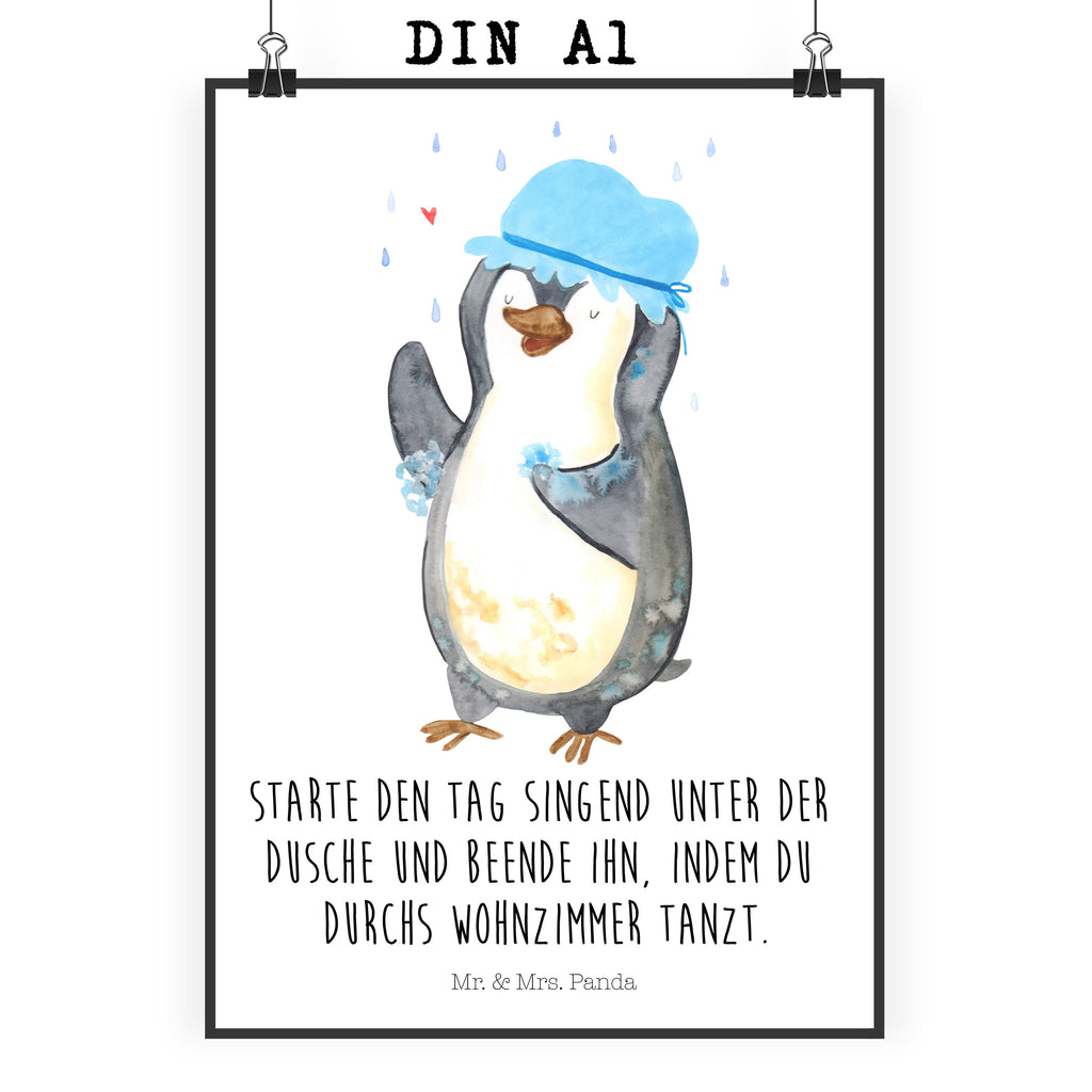 Poster Pinguin duscht Poster, Wandposter, Bild, Wanddeko, Küchenposter, Kinderposter, Wanddeko Bild, Raumdekoration, Wanddekoration, Handgemaltes Poster, Mr. & Mrs. Panda Poster, Designposter, Kunstdruck, Posterdruck, Pinguin, Pinguine, Dusche, duschen, Lebensmotto, Motivation, Neustart, Neuanfang, glücklich sein