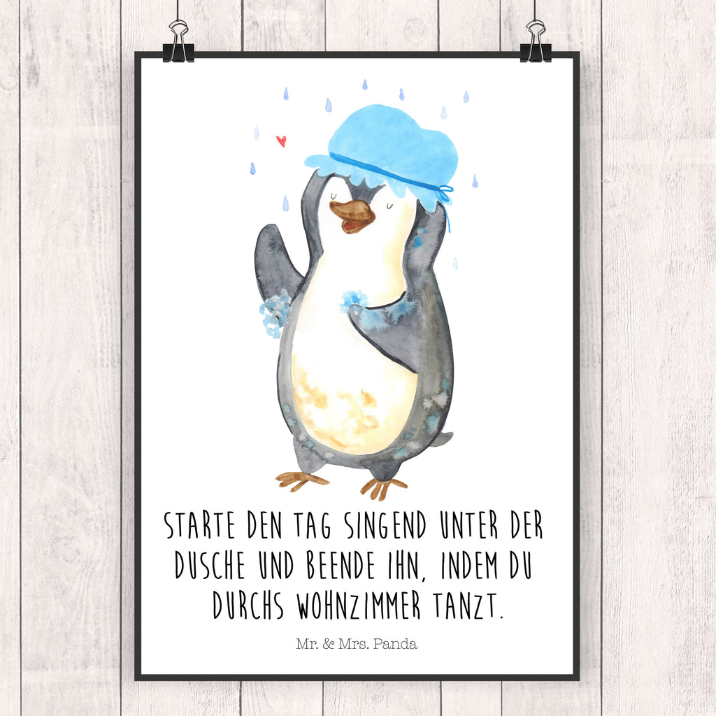 Poster Pinguin duscht Poster, Wandposter, Bild, Wanddeko, Küchenposter, Kinderposter, Wanddeko Bild, Raumdekoration, Wanddekoration, Handgemaltes Poster, Mr. & Mrs. Panda Poster, Designposter, Kunstdruck, Posterdruck, Pinguin, Pinguine, Dusche, duschen, Lebensmotto, Motivation, Neustart, Neuanfang, glücklich sein