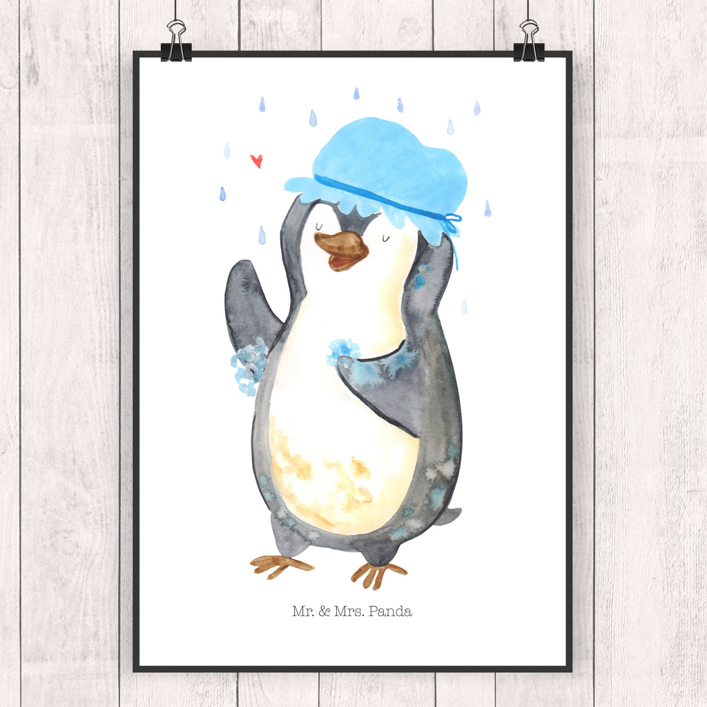 Poster Pinguin duscht Poster, Wandposter, Bild, Wanddeko, Küchenposter, Kinderposter, Wanddeko Bild, Raumdekoration, Wanddekoration, Handgemaltes Poster, Mr. & Mrs. Panda Poster, Designposter, Kunstdruck, Posterdruck, Pinguin, Pinguine, Dusche, duschen, Lebensmotto, Motivation, Neustart, Neuanfang, glücklich sein