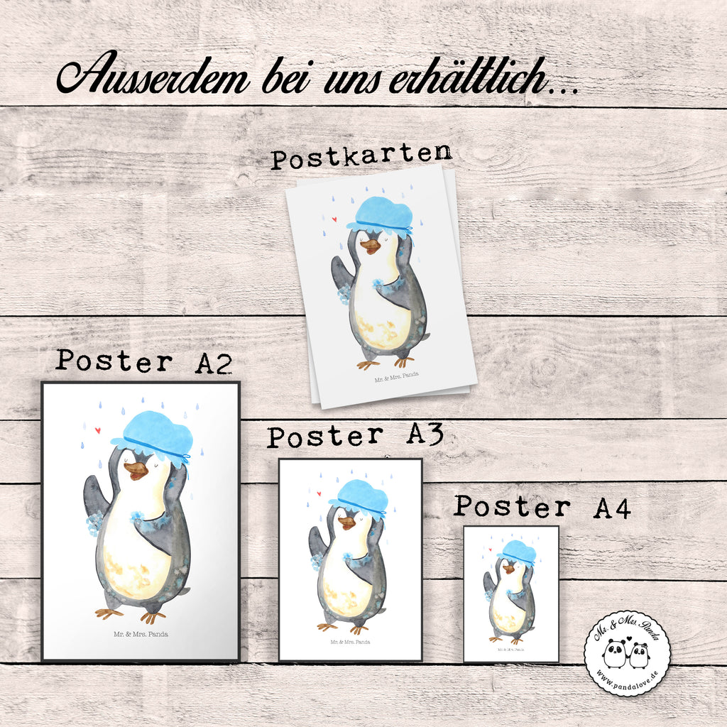 Poster Pinguin duscht Poster, Wandposter, Bild, Wanddeko, Küchenposter, Kinderposter, Wanddeko Bild, Raumdekoration, Wanddekoration, Handgemaltes Poster, Mr. & Mrs. Panda Poster, Designposter, Kunstdruck, Posterdruck, Pinguin, Pinguine, Dusche, duschen, Lebensmotto, Motivation, Neustart, Neuanfang, glücklich sein