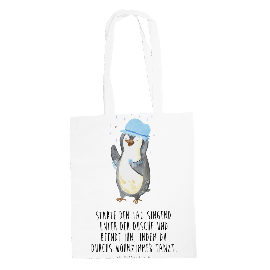 Tragetasche Pinguin duscht Beuteltasche, Beutel, Einkaufstasche, Jutebeutel, Stoffbeutel, Pinguin, Pinguine, Dusche, duschen, Lebensmotto, Motivation, Neustart, Neuanfang, glücklich sein
