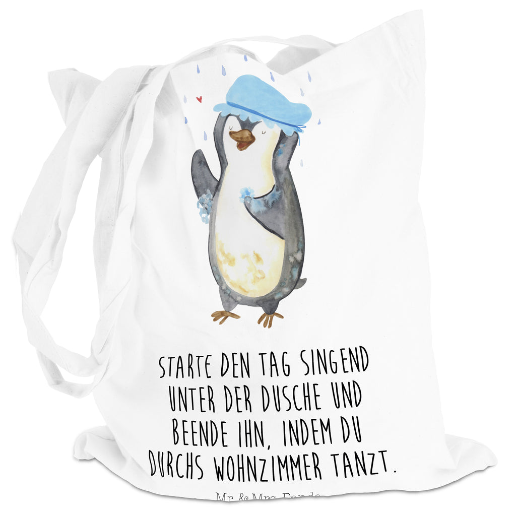 Tragetasche Pinguin duscht Beuteltasche, Beutel, Einkaufstasche, Jutebeutel, Stoffbeutel, Pinguin, Pinguine, Dusche, duschen, Lebensmotto, Motivation, Neustart, Neuanfang, glücklich sein
