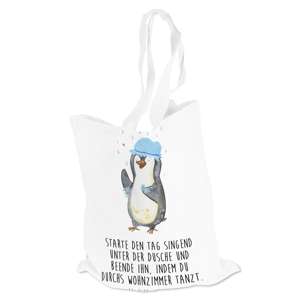 Tragetasche Pinguin duscht Beuteltasche, Beutel, Einkaufstasche, Jutebeutel, Stoffbeutel, Pinguin, Pinguine, Dusche, duschen, Lebensmotto, Motivation, Neustart, Neuanfang, glücklich sein