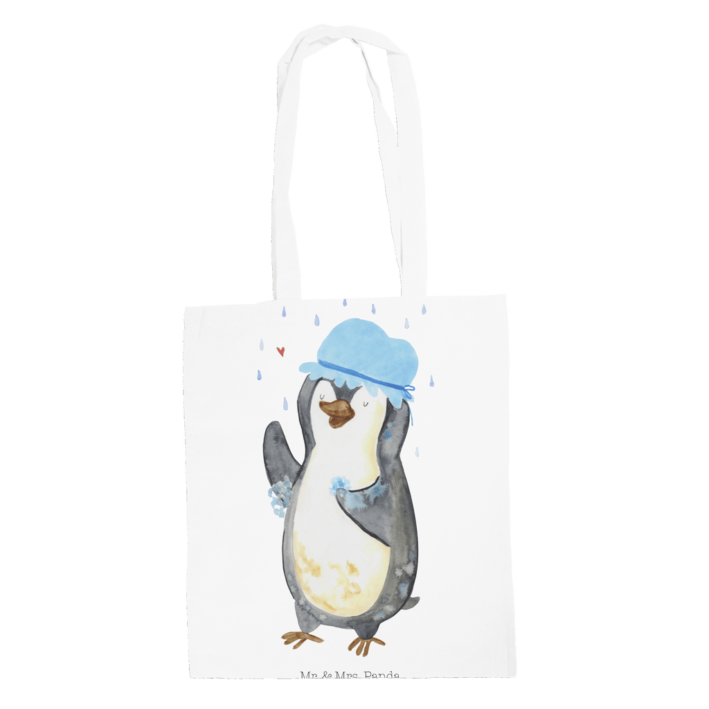 Tragetasche Pinguin duscht Beuteltasche, Beutel, Einkaufstasche, Jutebeutel, Stoffbeutel, Pinguin, Pinguine, Dusche, duschen, Lebensmotto, Motivation, Neustart, Neuanfang, glücklich sein